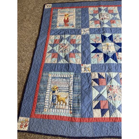 Vintage Sailboat Nautical Star Quilt Coastal Beachy Children Cottage 46in X 46 - Picture 4 of 8